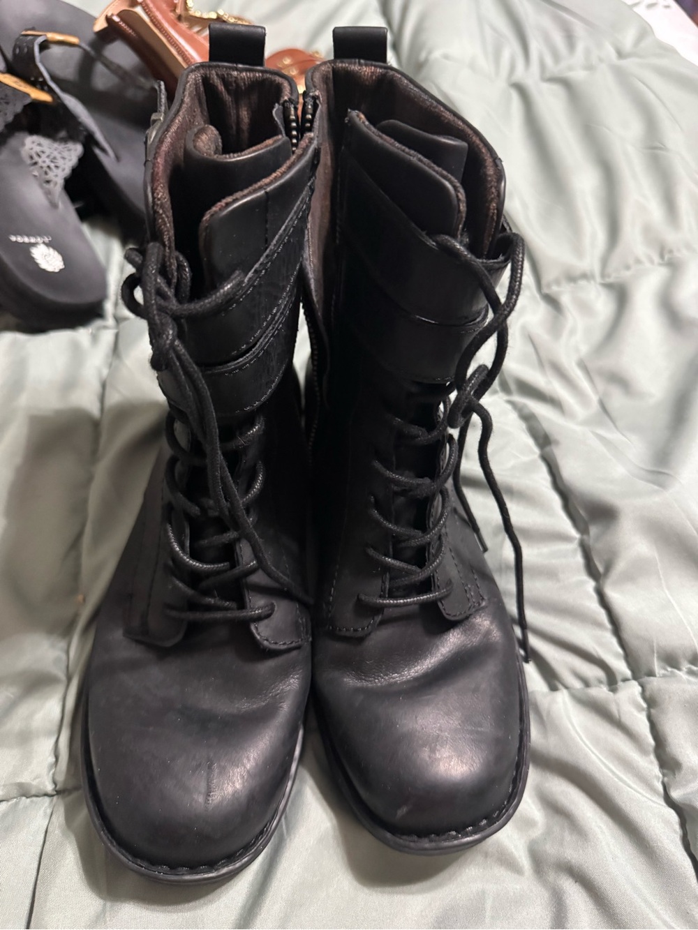 Born Black Lace-Up Combat Boots with Side Zipper